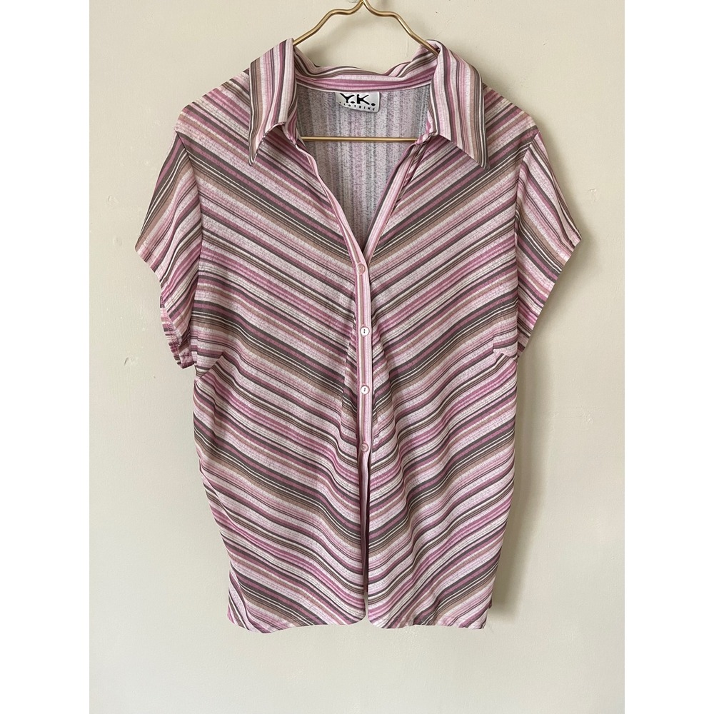 YK Clothing Womens Pink Striped Button Down Shirt Short Sleeve Y2K Retro Size 3X